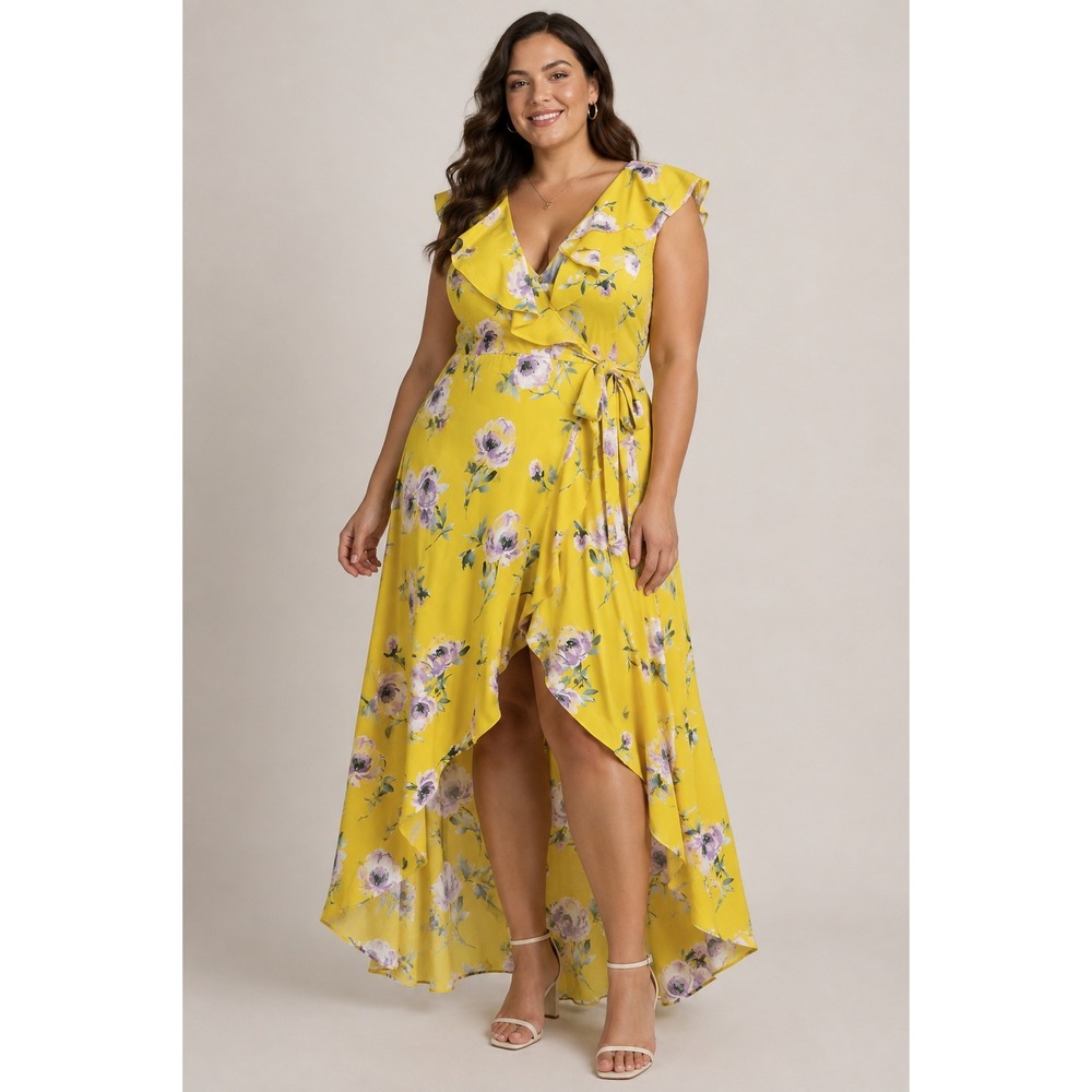 Leith Romantic Boho Floral Wrap Maxi Dress Yellow Garden Party XXL High Low